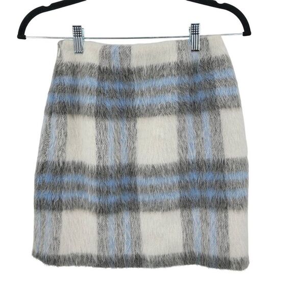 Versona Wool Blend Blue White Plaid Fuzzy Mini Skirt Sz 0 Old Money Soft Girl - Picture 2 of 9